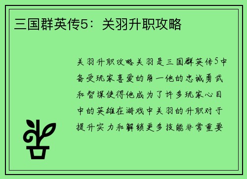 三国群英传5：关羽升职攻略