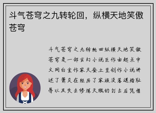 斗气苍穹之九转轮回，纵横天地笑傲苍穹